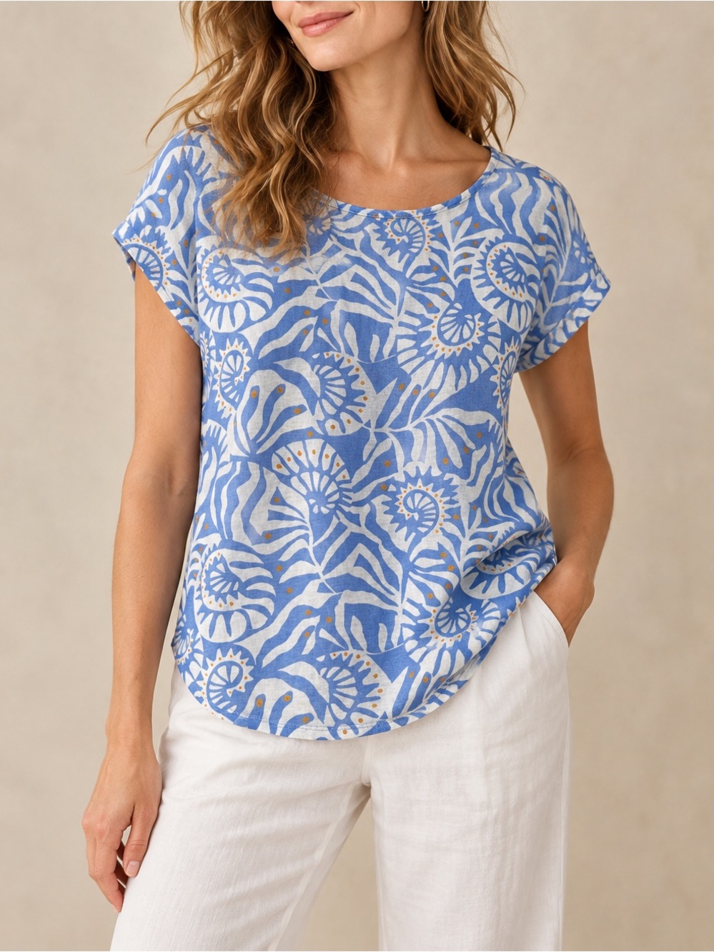 Nicole Miller 100% Linen Blue Botanical Print Drop Shoulder Knit Tee L Coastal